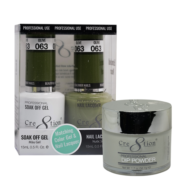 Cre8tion Gel, Lacquer, & Dip Powder Trio Set 063- Olive