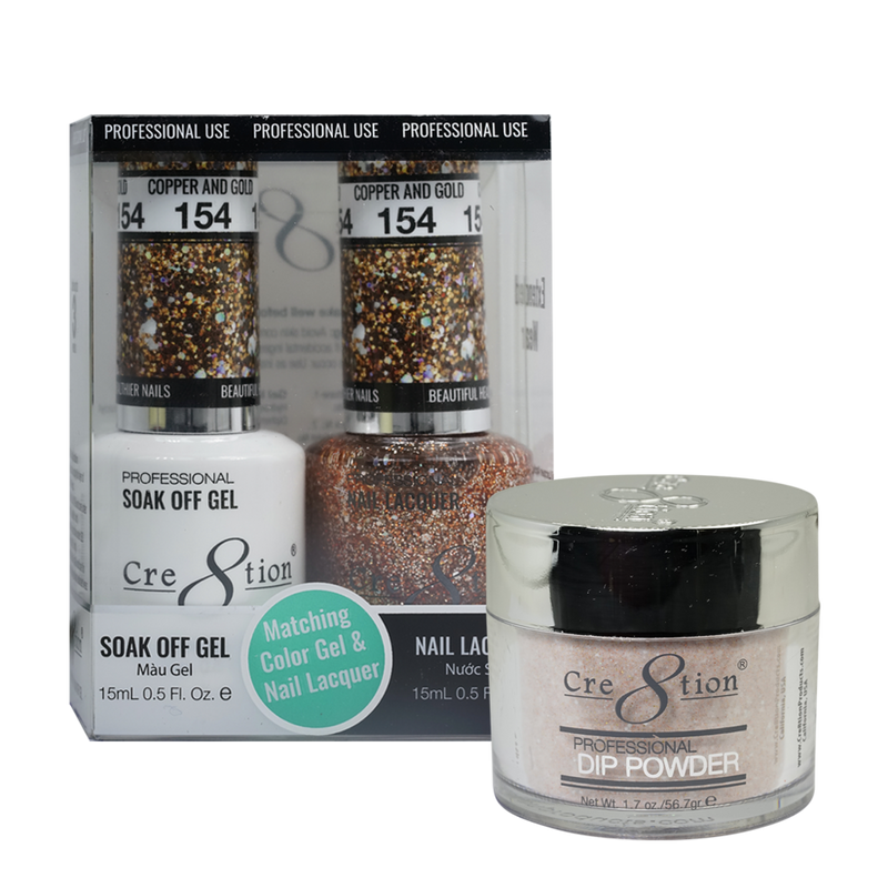 Cre8tion Gel, Lacquer, & Dip Powder Trio Set 154- Copper and Gold
